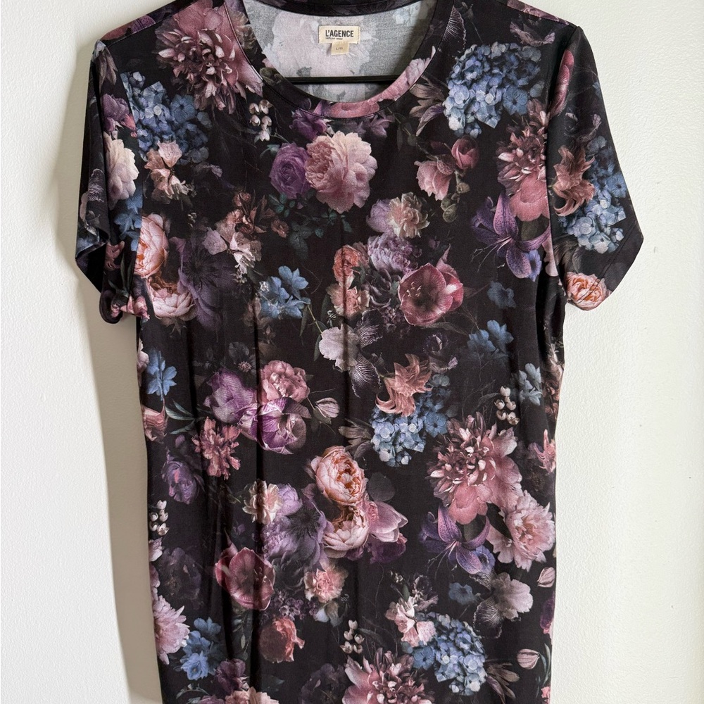L'AGENCE Black Floral Short Sleeve Top size L
